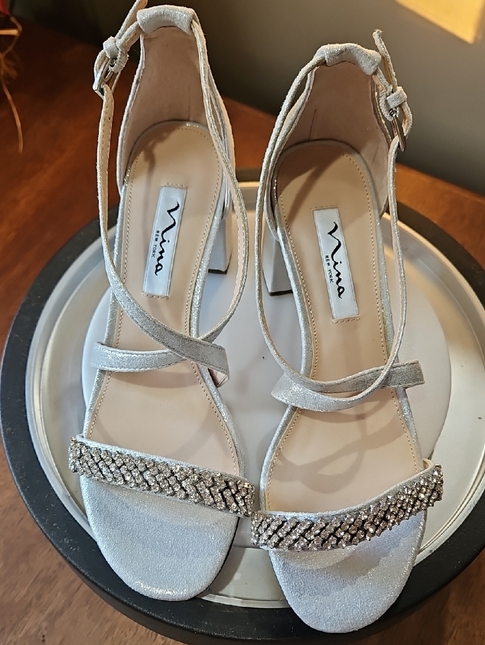 Nina Silver Crystal-Embellished Strappy Heels